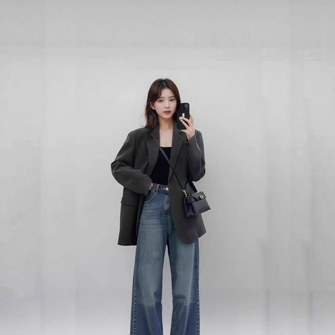 秋冬新款灰色西裝外套 韓版寬鬆小西裝 通勤氣質直筒款上衣 長袖上衣女韓國外套