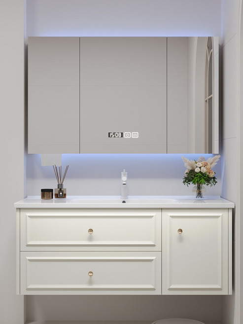 陶瓷一體盆櫃浴室櫃組合, 黑1.0米 拱形金邊背光鏡（背光美顏燈+除霧）包安裝