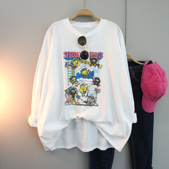 달콩 여성 긴팔 루즈핏 라운드 싱스스페셜프린팅박스티