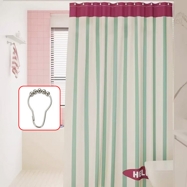 Alemon 프리미엄 패브릭 방수 샤워 커튼 + 스텐 커튼 링, 그린 스트라이프, 1개