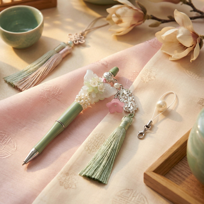 비바블룸_한국 전통공예 나비 꽃 노리개 볼펜 [행운기원 액막이 자손번창 기원 외국인선물 한국기념품 한국적인기념품], 1개, 옥색 나비 노리개