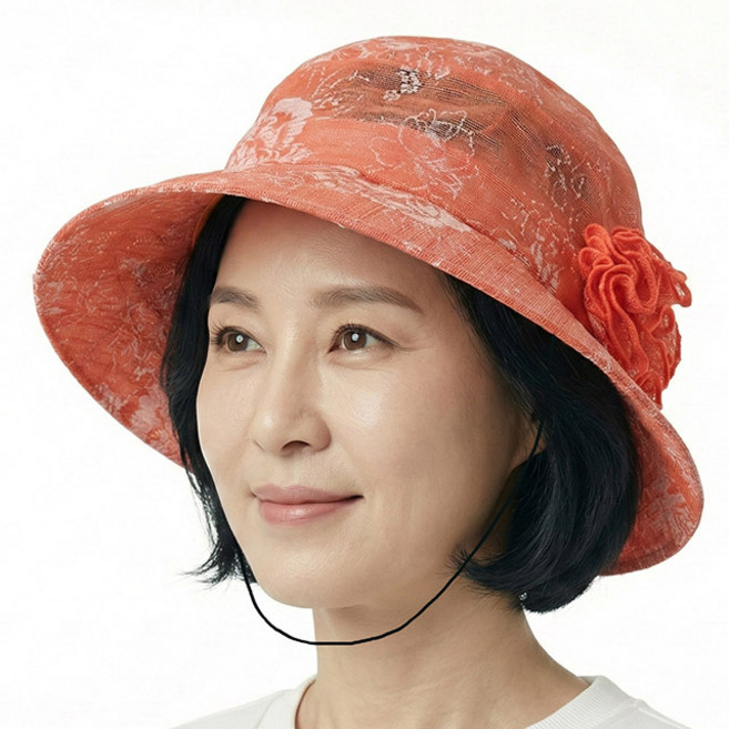 베이직엠 중년 여성 여름모자 망사 벙거지 목끈 탈부착 장미