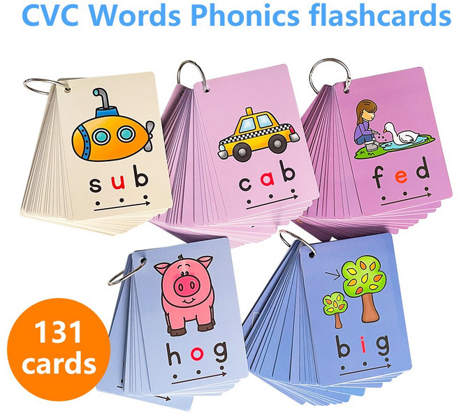 131 CVC Cards + 2 Workbooks +8 Posters 영어 카드 파닉스 단어 유아를 위한 병음 단어 영어 학습 카드 어린이를 위한 언어 차트와 책, 131 flashcards, 1개