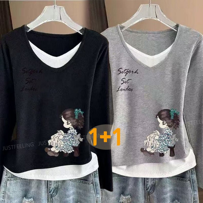 JUSTFEELING 2장세트 (1+1) 레이어드 긴팔티셔츠 데일리 캐릭터 프린트 티셔츠 레터링 날씬해보이는 이너티 상의