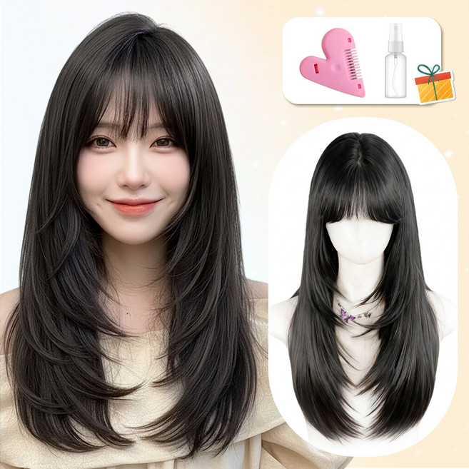 Novah 여성 통가발 긴머리 생머리 자연스러운 롱 전체가발 데일리 볼륨 레이어드 헤어 50cm, 1개, 블랙브라운