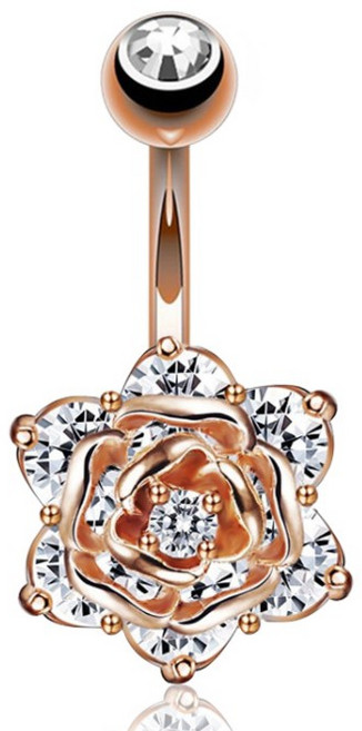 花朵水鑽肚臍環, 1個, 玫瑰花-玫瑰金