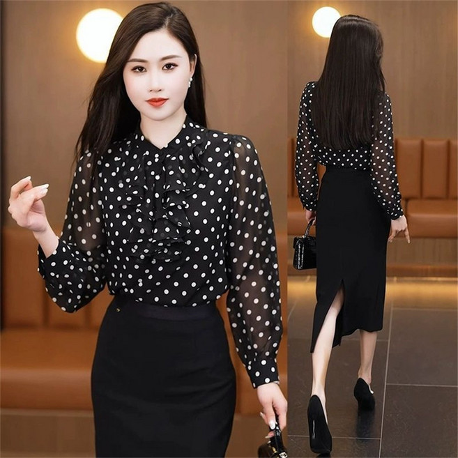 TKX 여성 시스루 도트무늬 블라우스 긴팔 루즈핏 셔츠 빅사이즈 고급 면접