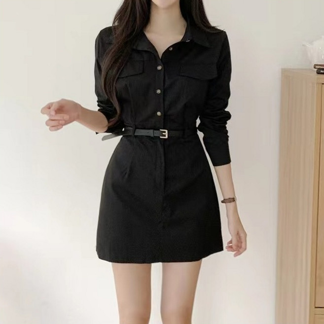 여성 카라 벨트 미니 원피스 단정핏 데일리 오피스룩 하객룩 긴팔