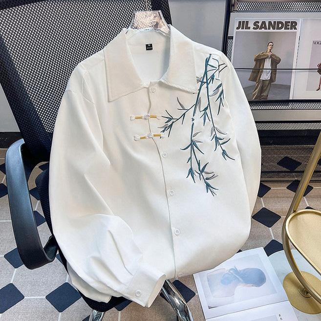 新中式中國風竹子刺繡襯衫夏季唐裝盤扣長袖襯衣潮流漢服外套男款