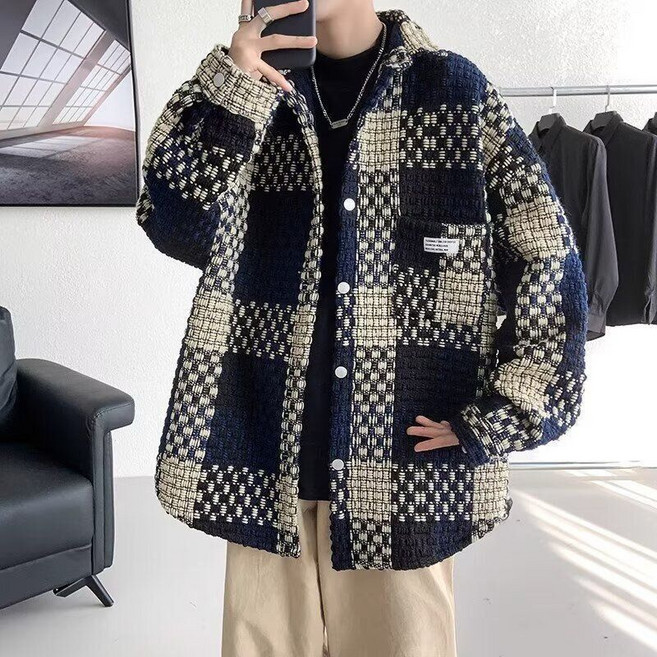 男裝寬鬆毛呢格子拼接外套