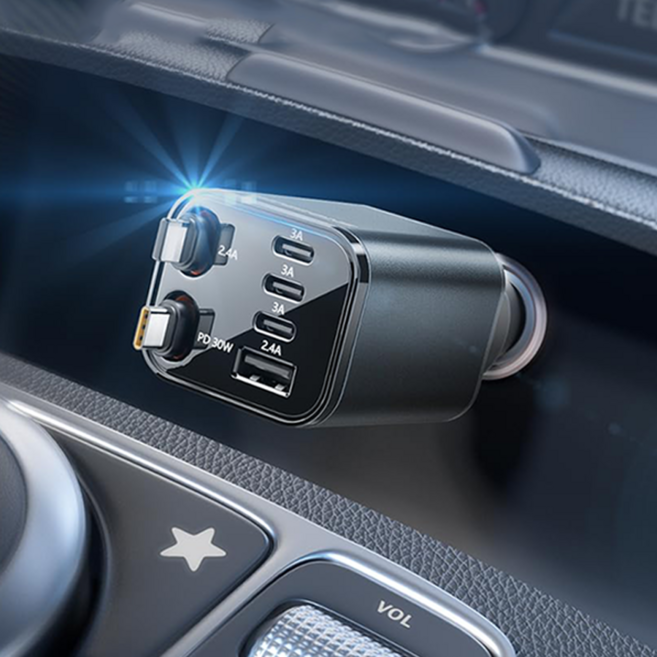동시 6대 충전가능 120W 6구 릴타입 차량용 고속충전기, 스페이스그레이, C타입+C타입