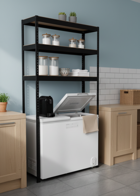 이오자차 마스터랙 조립식 무볼트 다용도 구형 김치냉장고 선반 앵글 펜트리 높이조절 가능한 튼튼한 철제 선반, 1세트, 블랙3단(120x50x200)