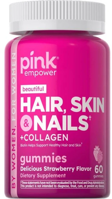 PINK Hair Skin Nails Gummies | 60 Count | Plus Collagen & Biotin | Non-GMO & Gluten Free Vitamins, 60 Count (Pack of 1), 1개 - 쿠팡