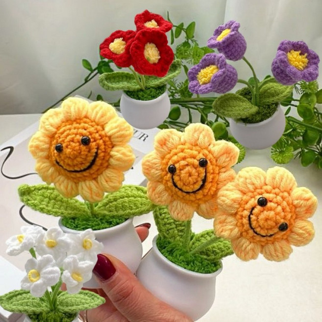 해바라기 플라워 손 뜨개 꽃 화분 소품 장식 집들이선물 사은품, 1개, 레드
