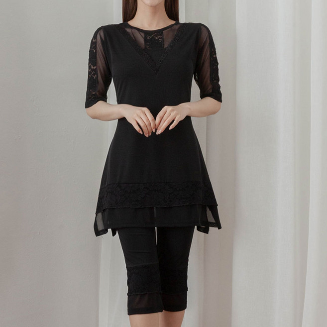 여성스러운 레이스 망사 A라인 롱 티셔츠 빅사이즈 반팔 5부 여름블라우스 99사이즈 큰싸이즈 엄마옷 레이스 마담 섹시 시스루 망사 봄옷 신상블라우스 롱 엉덩이커버