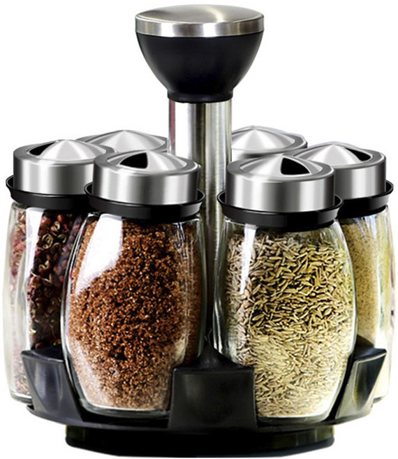 Xi Bi Mi Yuan 셸프 찰스 로테이팅 시즈닝 보틀 양념통세트 블랙, 양념통 120ml 6개 + 거치대, 1개