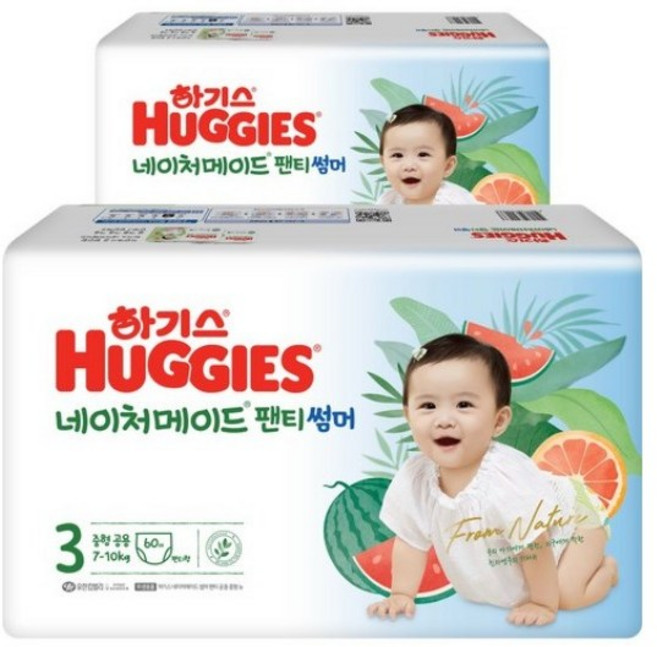 2023 하기스 네이처메이드썸머 중형 3단계 팬티형 남여공용(7~10kg), 60매
