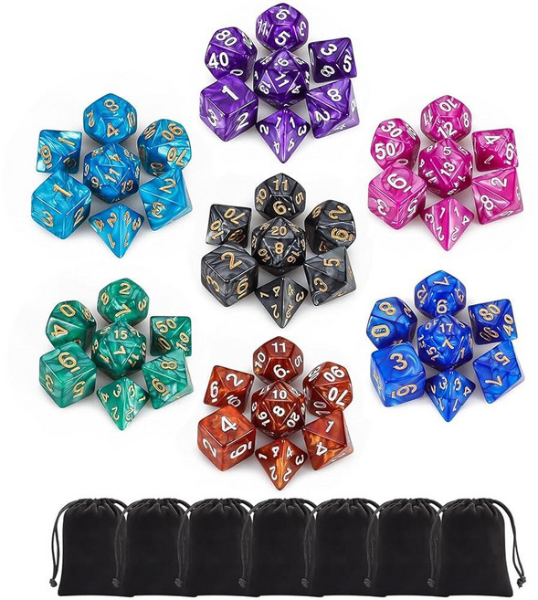 DND 주사위 세트 QMAY 42pcs 다면체 주사위 던전 앤 드래곤즈 RPG MTG 테이블 게임을 위한 6개의 파란색 드로스트링 백이 포함된 완전한 더블 컬러 D&D, 7 Sets49pcs
