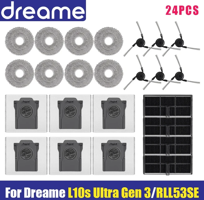 Dreame L10s Ultra Gen 3 RLL53SE 메인 사이드 브러시 필터 패드 먼지 봉투 교체 부품 액세서리, 10 24PCS