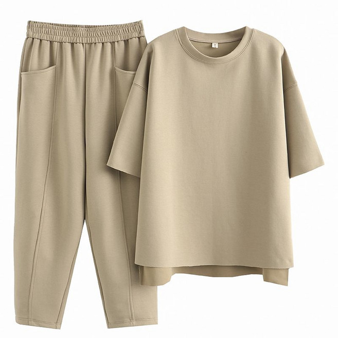 여성 캐주얼 라운드넥 트레이닝복 루즈핏 반팔 티셔츠 +배기바지 츄리닝세트 운동복