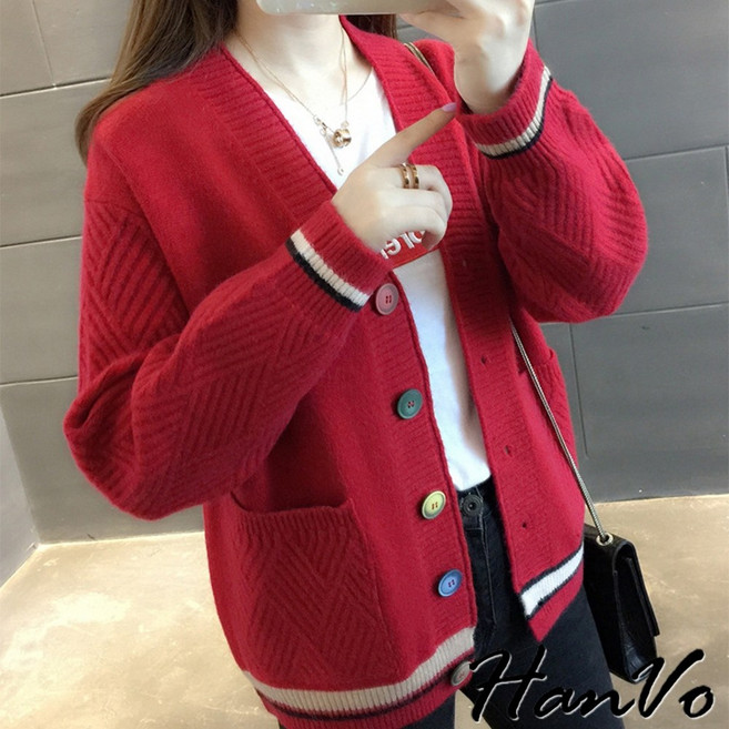 HanVo 彩色排釦氣質復古女外套 針織衫 韓系罩衫 柔軟毛衣 A07-5011