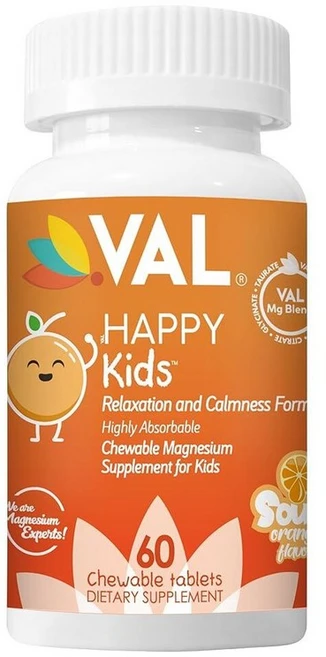 VAL 아동용 마그네슘 | 진정 + 포커스 포뮬러 100mg Mg (글리시네이트 구연산염 타우레이트) B6 D3 C 무설탕 GMO 프리 재미있는 츄어블 태블릿 오렌지, Orange, 1개 - 쿠팡