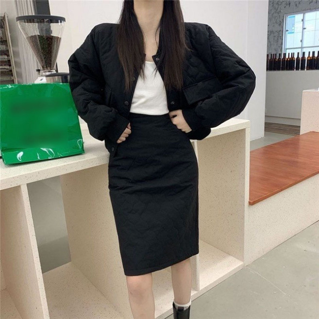 여성 겨울 무지 빅포켓 크롭 누빔 패딩 자켓 하이웨스트 미디 롱 스커트 치마 상하복