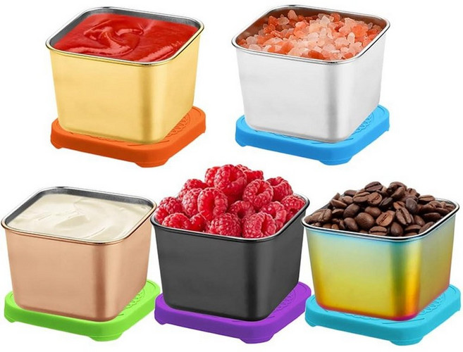 Joyeee 실리콘 뚜껑이 있는 향신료 컵 6개 70ml 밀폐 및 누출 방지 휴대용 스테인리스 스틸 조미료 냄비 야외 바베큐 파티 서빙 캠핑 소스 운반에 이상적 간편한, 200ml 소스 컵 5팩