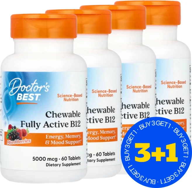 3+1 닥터스베스트 츄어블 풀 엑티브 B12 믹스베리 5000mcg 60정 비타민B / 해외직구 미국정품, 태블릿, 성인남녀공용, 4개 - 쿠팡