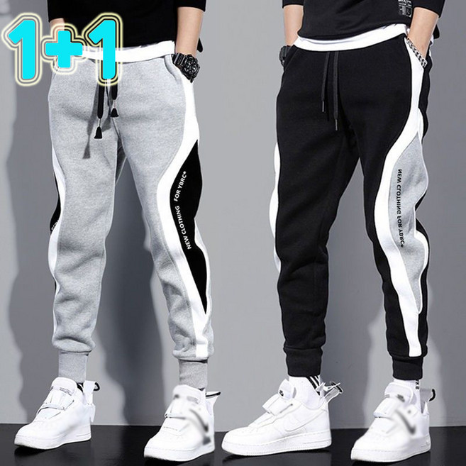 JUSTFEELING 1+1/2장묶음 남성 운동바지 배색라인 밴딩 와이드 캐주얼 팬츠 빅사이즈 M-5XL옵션 트레이닝바지 춘추 긴바지