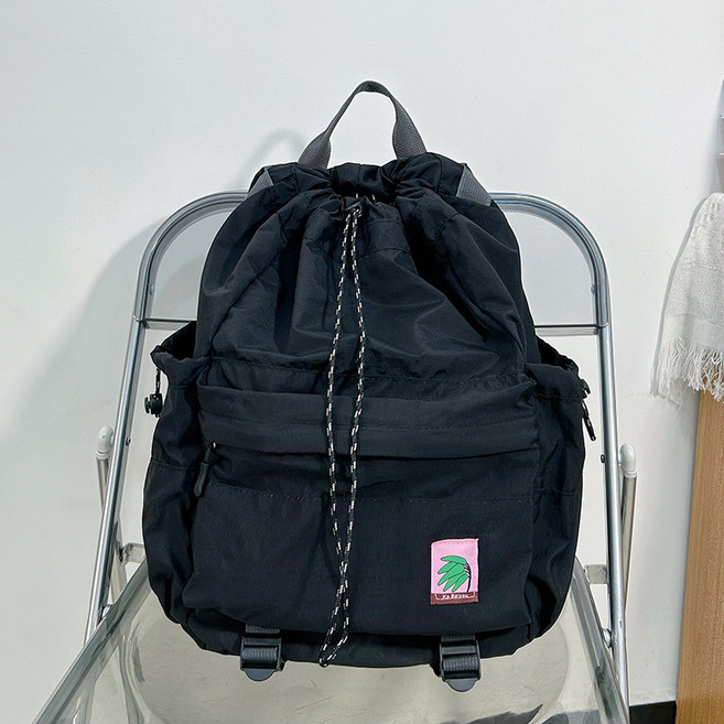 Ka Beiyou 束口後背包，多功能防潑水運動雙肩包，輕便旅行休閒書包, 黑色, 1個