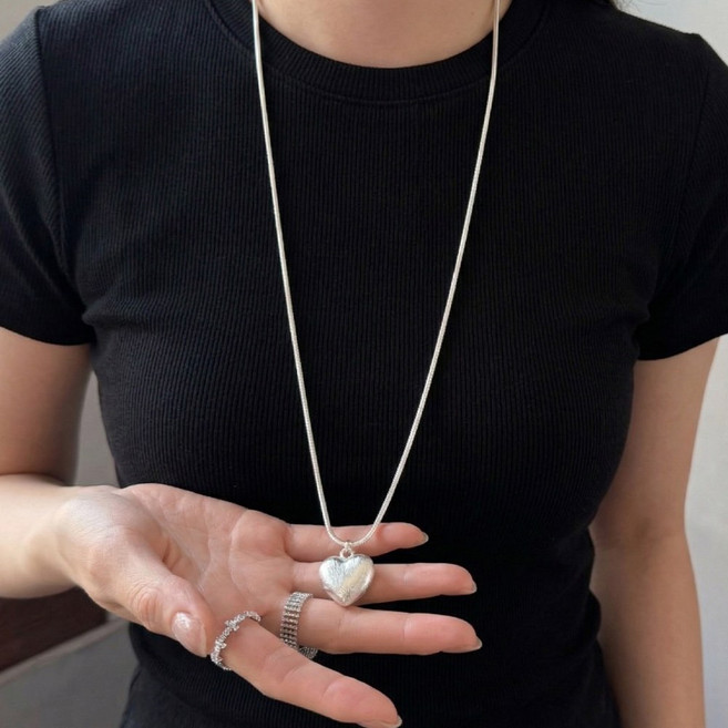 하트 물방울 레이어드 포인트 실버 목걸이
