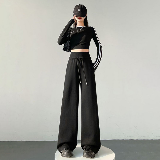 POMTOR 여성용 하이웨스트 트레이닝바지 봄가을 와이드핏 캐주얼 데일리