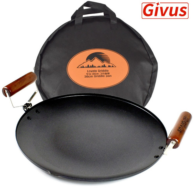 국산 기버스 캠핑 그리들 불판 38cm 우드핸들 무쇠 그리들팬 Givus, 1개
