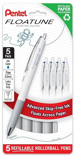 펜텔 Pentel Floatune 접이식 롤러볼 0.5mm 파인 포인트 블루 잉크 5팩 (BZN205PF5C), Blue