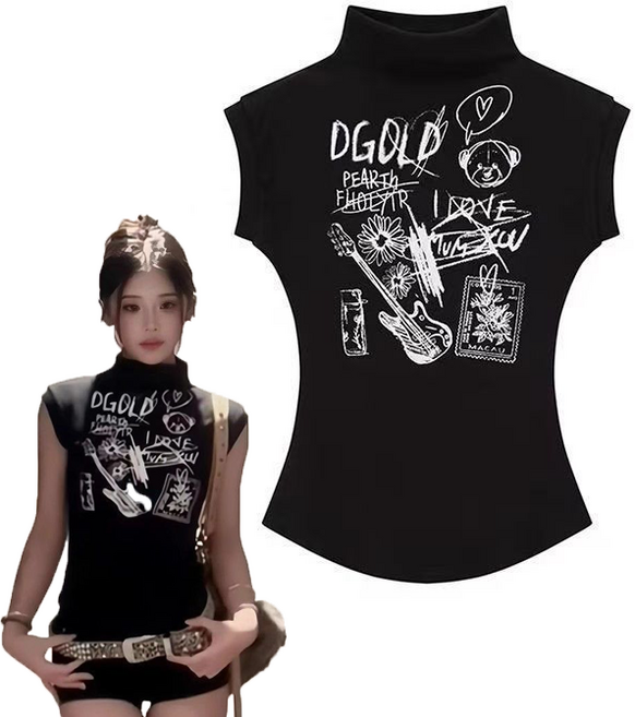 여성 여름 목폴라티 캐주얼 슬림핏 민소매 반폴라티 프렌치 여자 프린트 상의 반팔 폴라티 YJW