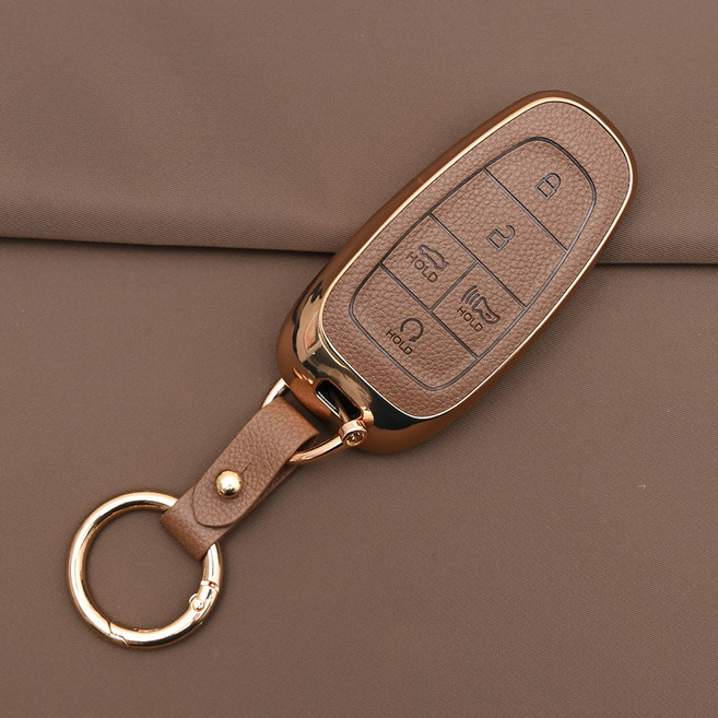 현대 소나타DN8 넥쏘 그랜저 호환 TPU 프리미엄 가죽 자동차 스마트 키 케이스 키홀더, 5버튼TL27, 브라운