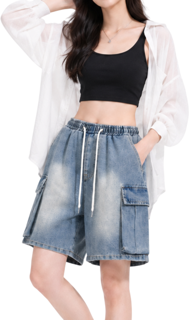 지디오 여성 데님 카고 반바지 5부 버뮤다 팬츠 와이드 밴딩 쇼츠 여름 청바지 워싱 진