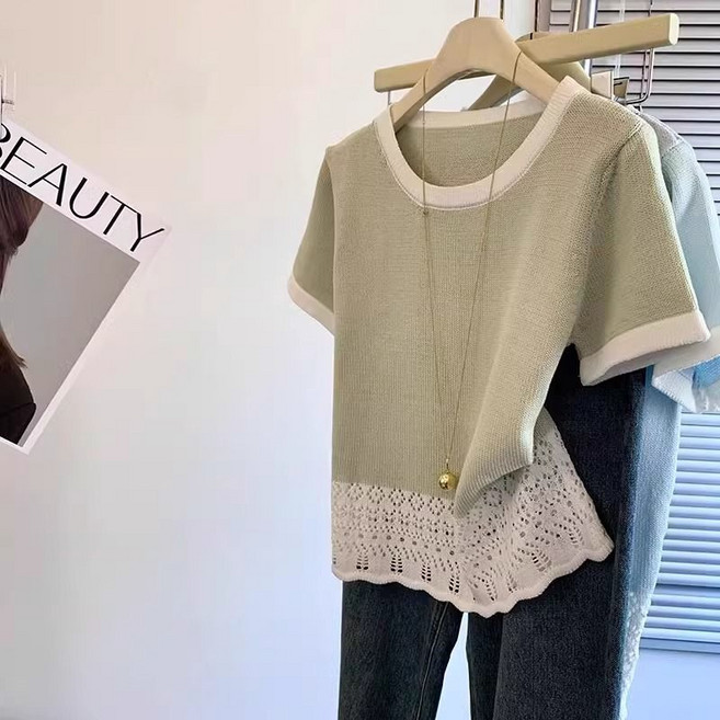 해피유통 여성 여름 반팔 라운드넥 레이스 밑단 티셔츠 상큼한 루즈핏 니트XG05