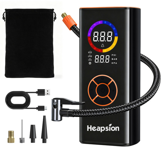 휴대용 무선 에어펌프 차량용 타이어 공기압 주입기 7800mAh 대용량 다용도 자전거 오토바이 구기류 겸용, 블랙, 1개