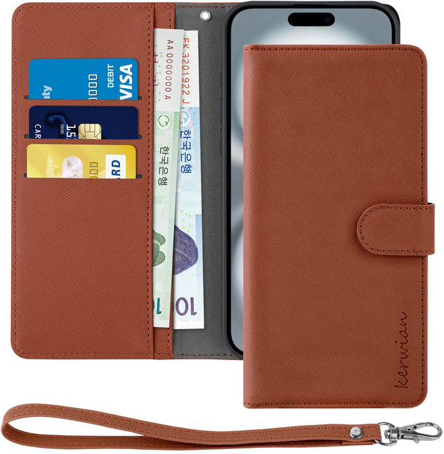 커위안 가죽 카드 지갑형 다이어리 휴대폰 케이스 + 핸드 스트랩