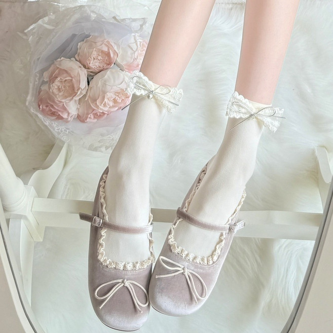 다이나토리 여성 여름 예쁜 리본 레이스 중목 양말 3켤레