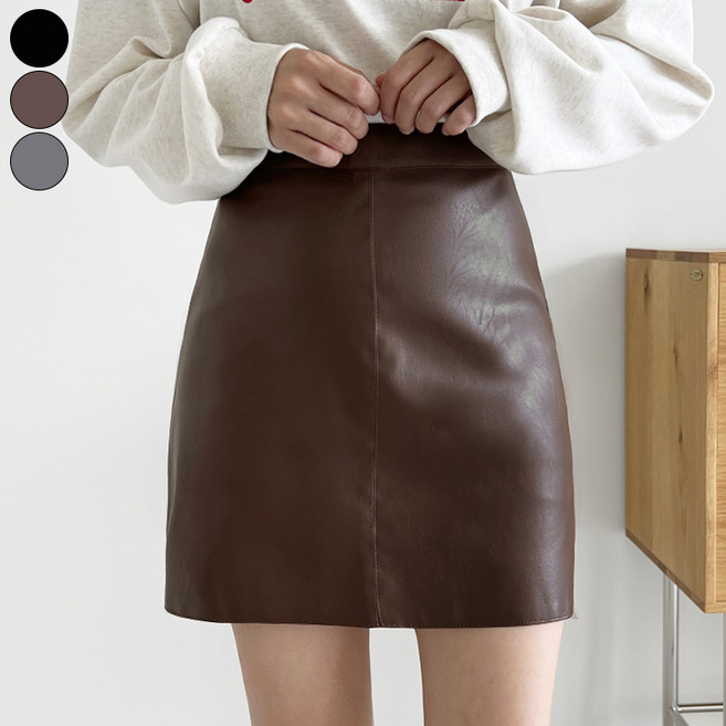 가비진 여성용 숏/롱 2단기장 A라인 레더 미니 스커트 안감 속바지 내장 가죽치마 레자스커트