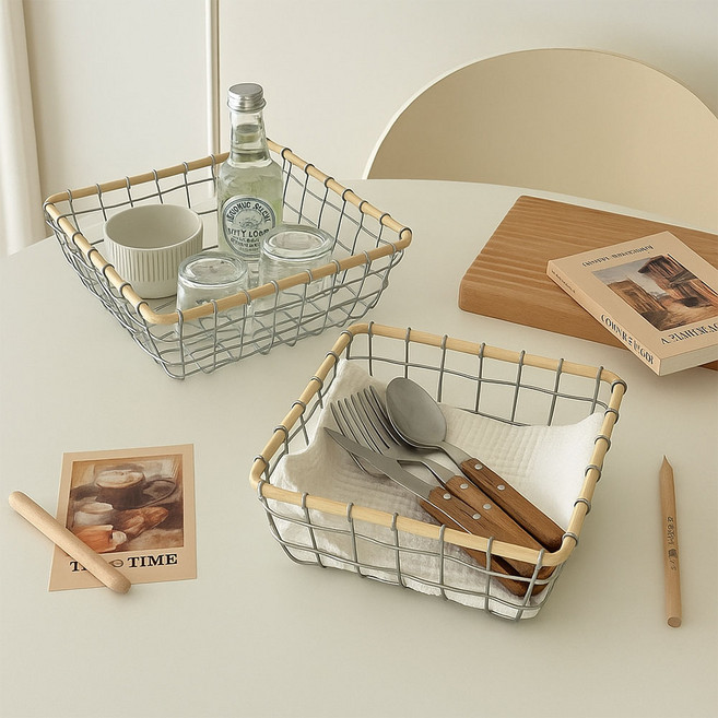 도르리 라탄와이어 바스켓 사각 철제 과일바구니 약통 속옷 화장품 정리함 소형 + 대형, 2개