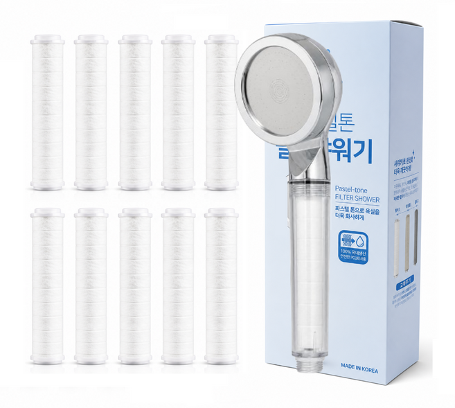 바스럽 국산 수압상승 필터 샤워기 + 필터 10개입, 실버, 1세트