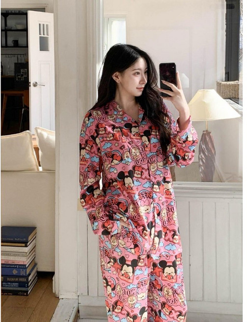 디즈니 정 품 미키 홈웨어 캐릭터 파자마 긴팔 잠옷 커플룩 빅사이즈 핑크 세트(남자 여자)