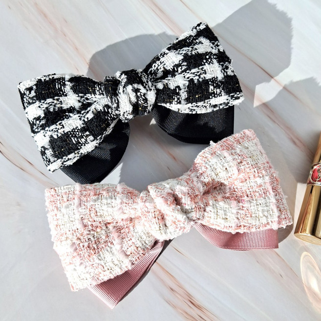 트위드 리본핀 헤어 밍크 집게핀 반묶음 올림 머리 왕리본 삔