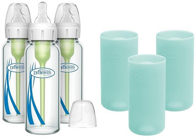 미국출고 평점4.5+ 235501 닥터 옵션스 플러스 내로우넥 유리 젖병 250ml & 슬리브 각 3개입, Mint, 8 oz