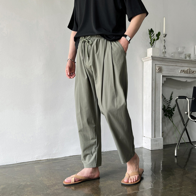 웨일즈 전체스판 쿨 아이스 핀턱 와이드 크롭 밴딩 팬츠 바지 (3 Colors) 28~38