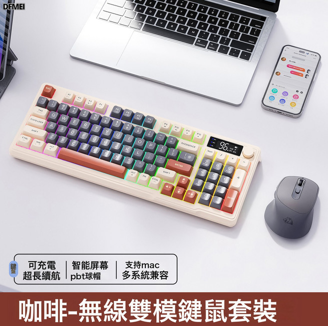 DFMEI 充電M87雙模藍牙無線鍵盤鼠標套裝手機平板臺式電腦辦公無延遲, BSUN TOY, 如圖, M96咖啡帶顯屏【鍵鼠套裝】